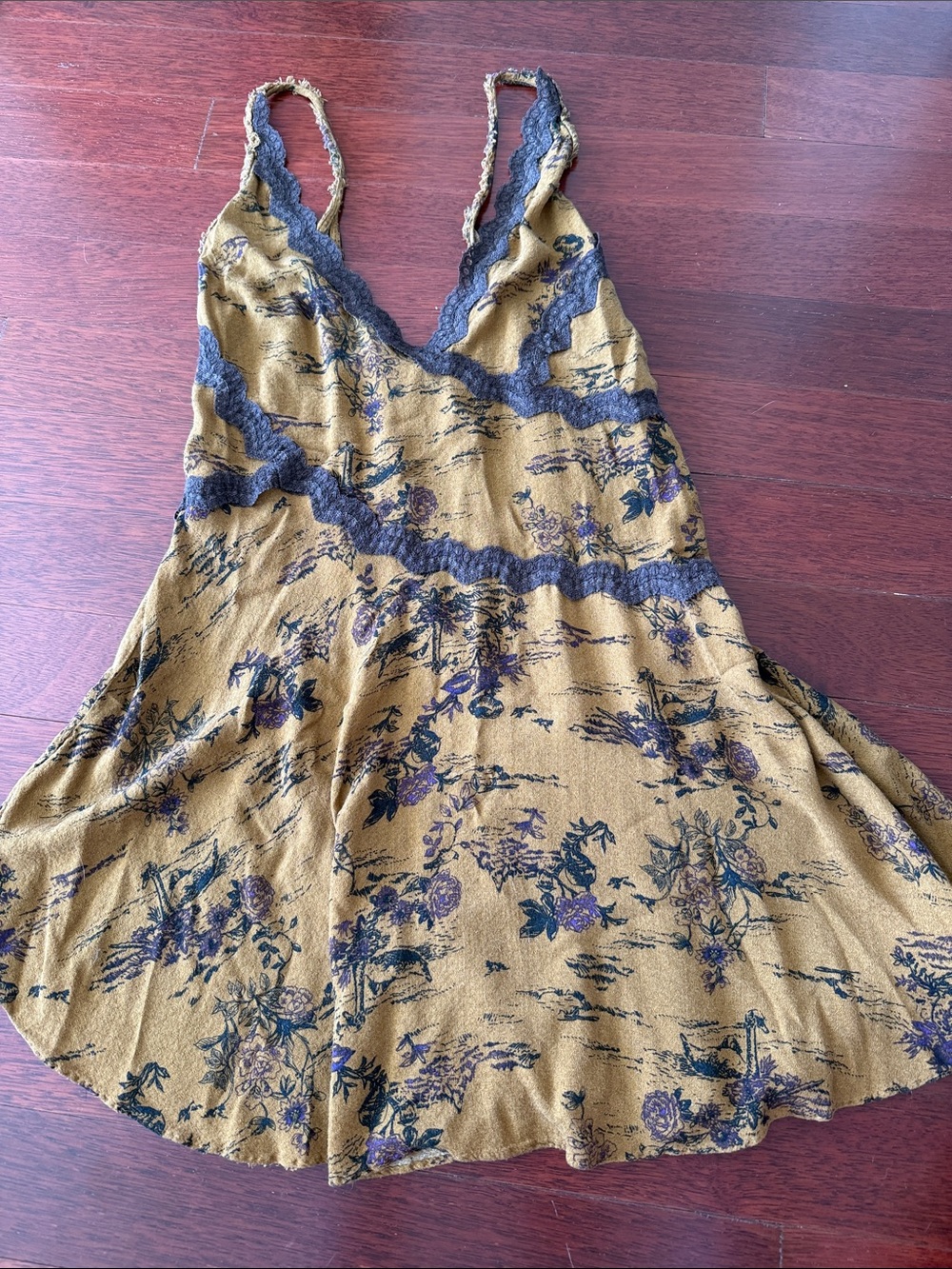 Free People Gold Floral Slip Dress with Chocolate Brown Lace